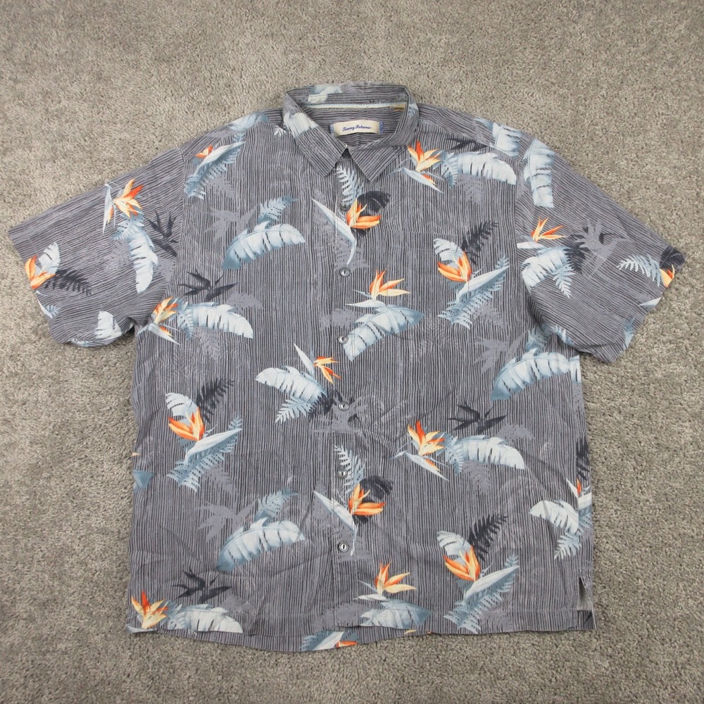 Tommy Bahama Shirt Mens XL Gray Floral Silk Hawaiian Aloha Tropical Button Up